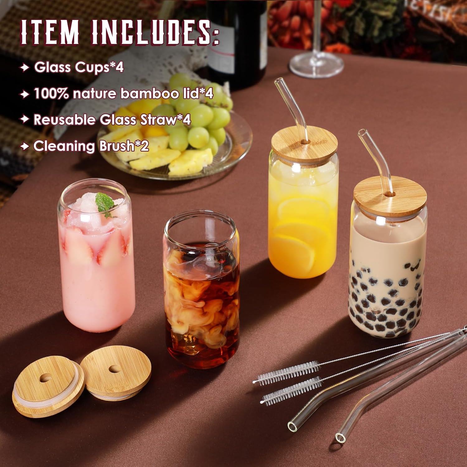 Drinking Glasses with Bamboo Lids and Glass Straw 4pcs Set - 16oz Glass Cups, Iced Coffee Glasses, Cute iced Tea
