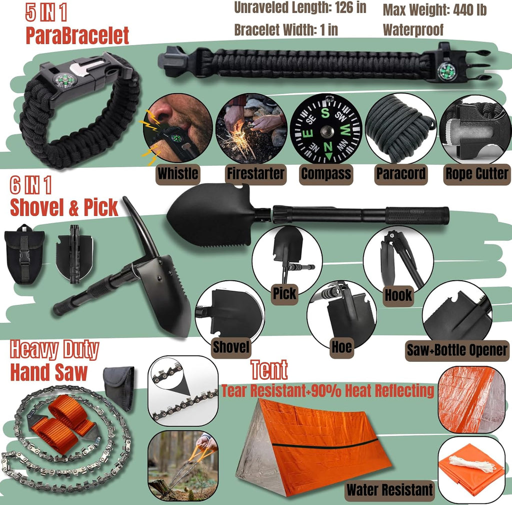 460 PC Complete Survival Kit and First Aid Kit | Tactical Backpack with Survival Gear | Bug Out Bag | Fire Starter