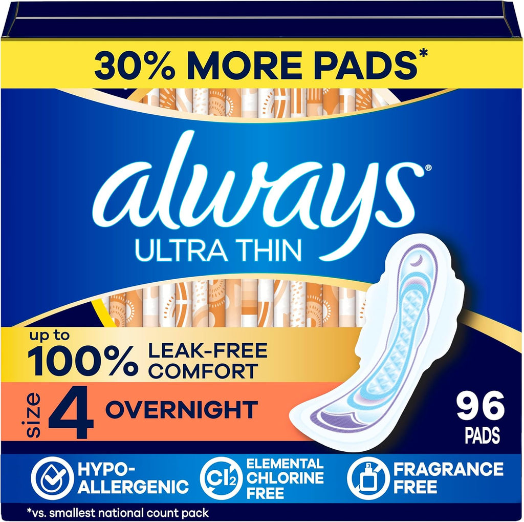 Ultra Thin Feminine Pads with Wings for Women, Size 4, Overnight Absorbency, Unscented, Up to 100% Leak-Free Comfort
