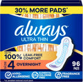 Ultra Thin Feminine Pads with Wings for Women, Size 4, Overnight Absorbency, Unscented, Up to 100% Leak-Free Comfort
