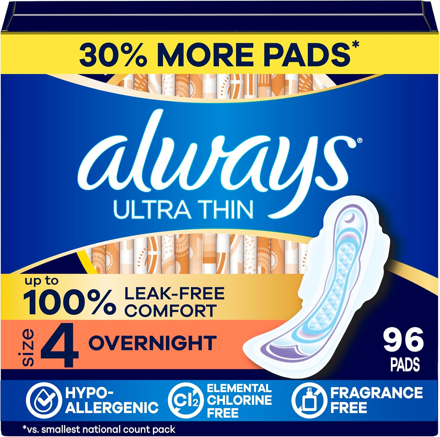 Ultra Thin Feminine Pads with Wings for Women, Size 4, Overnight Absorbency, Unscented, Up to 100% Leak-Free Comfort