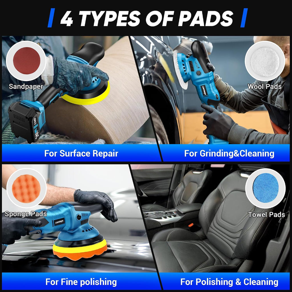 23PCS Cordless Buffer Polisher Kit with 2×2.0Ah Battery & Charger, 10000RPM 1600W High Power Car Polisher with 6