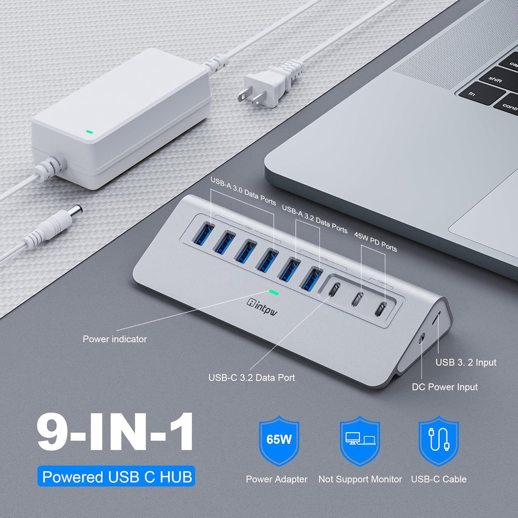 Powered USB Hub 10Gbps, intpw 9-Port USB 3.2 Hub, USB C Hub with USB A/USB C 3.2, 4 USB 3.0, 2 PD 45W Charging Ports
