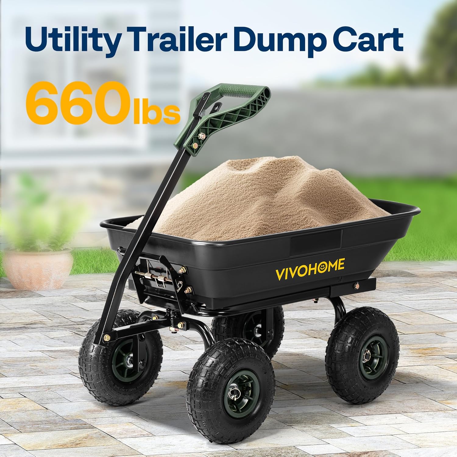 4 Cu.Ft 660lbs Wheelbarrow Garden Cart Dump Wagon with 2-in-1 Convertible Handle Attach to ATV or Tractor, 10" All