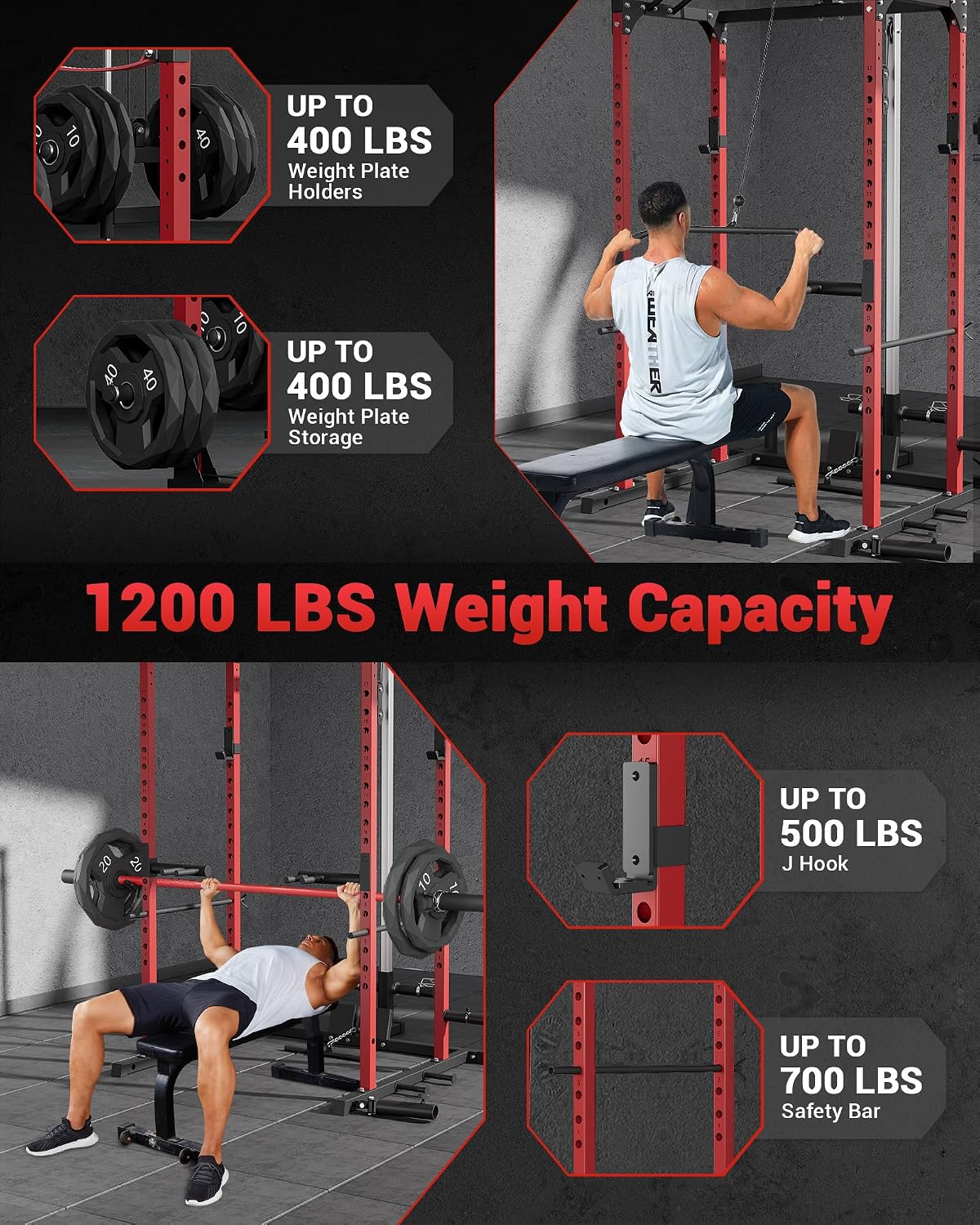Power Cage, Power Racks for Home Gym with Pulley System | 1200 LBS Weight Capacity Multi-Functional Squat Rack for