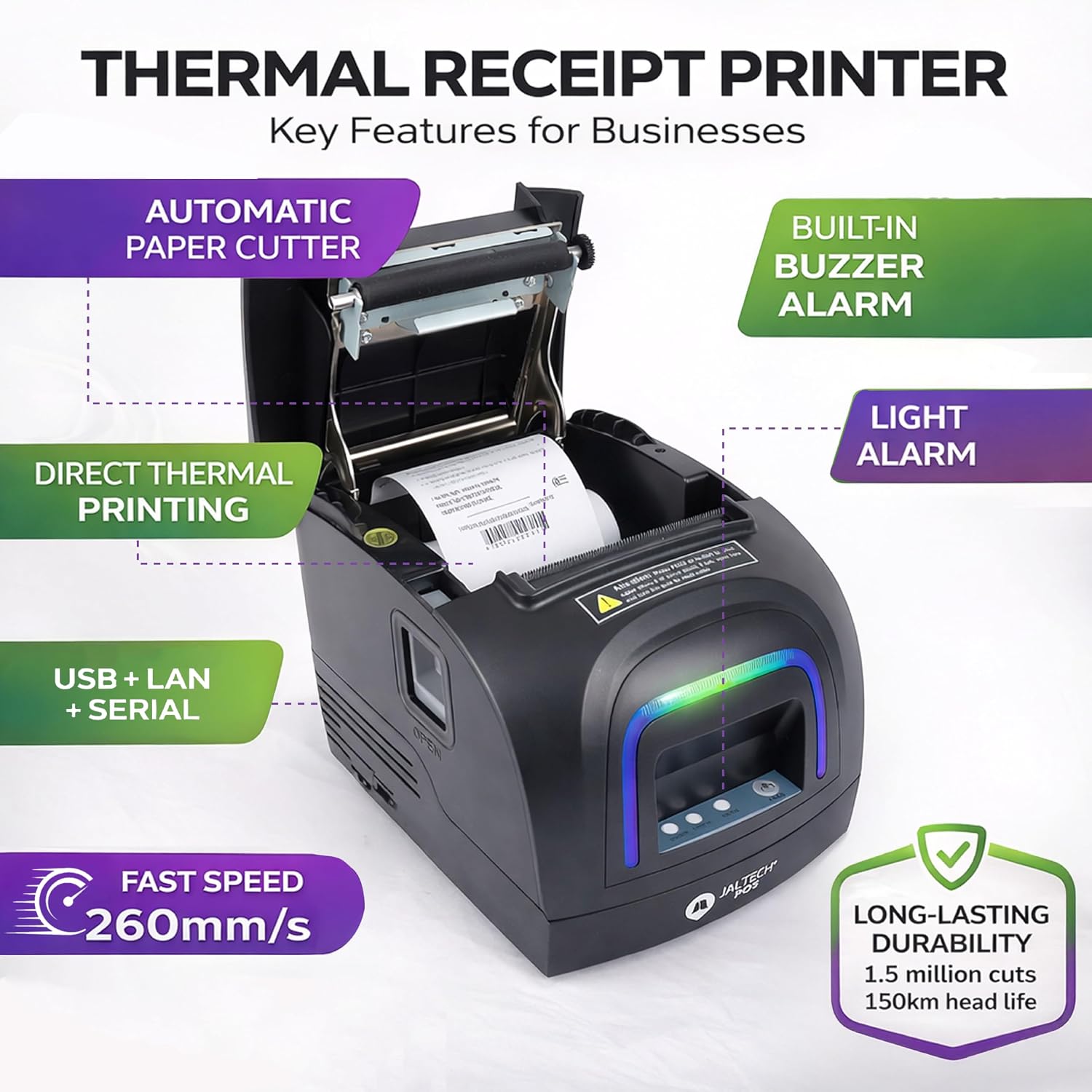 80mm POS Thermal Receipt Printer (RP326), USB/Serial/Ethernet, Auto Cutter & Cash Drawer Support, High-Speed