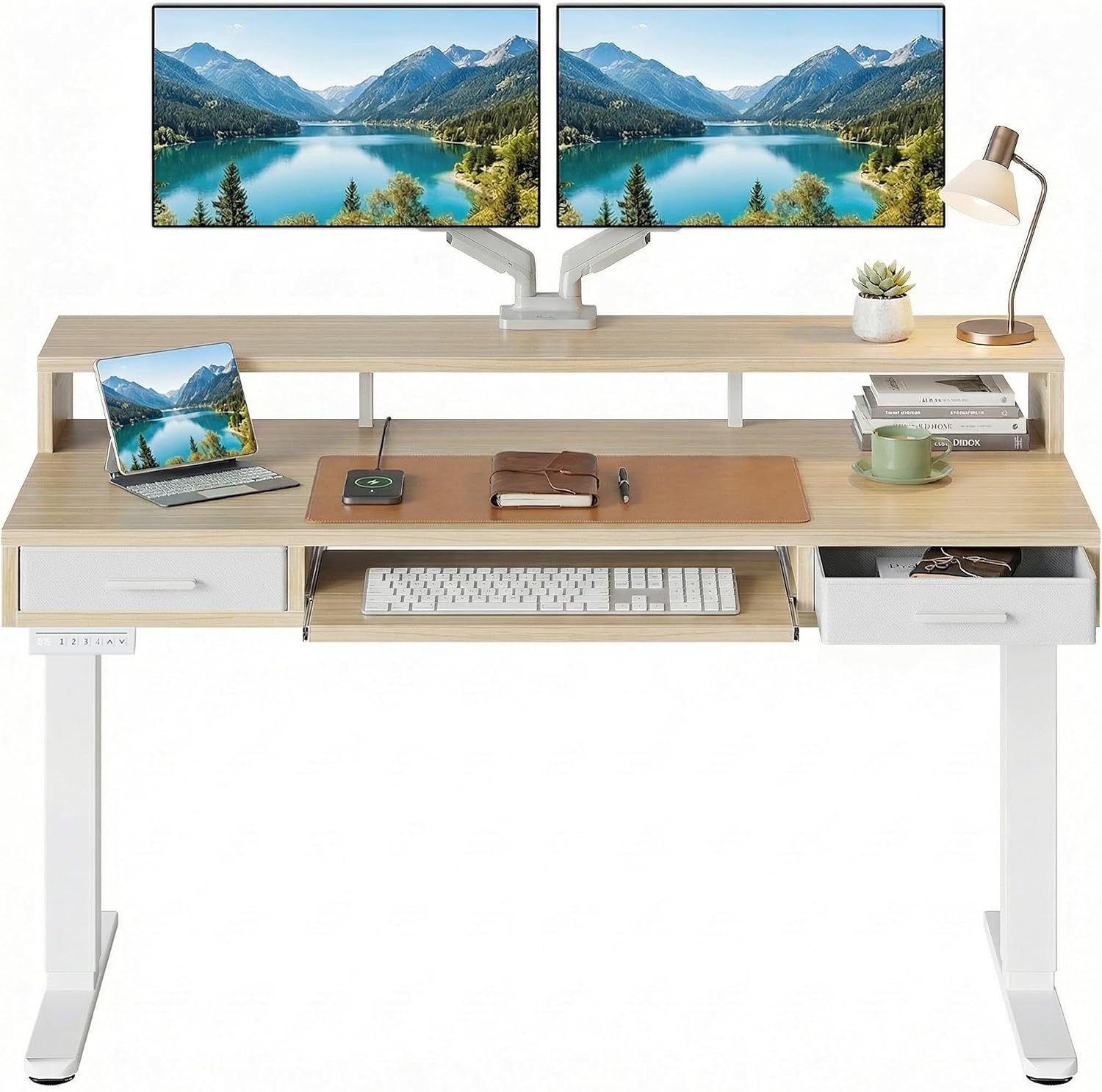 55″ x 26″ Electric Standing Desk with 2 Drawers &24.4″ Large Keyboard Tray, C-Clamp Mount Compatible, Adjustable