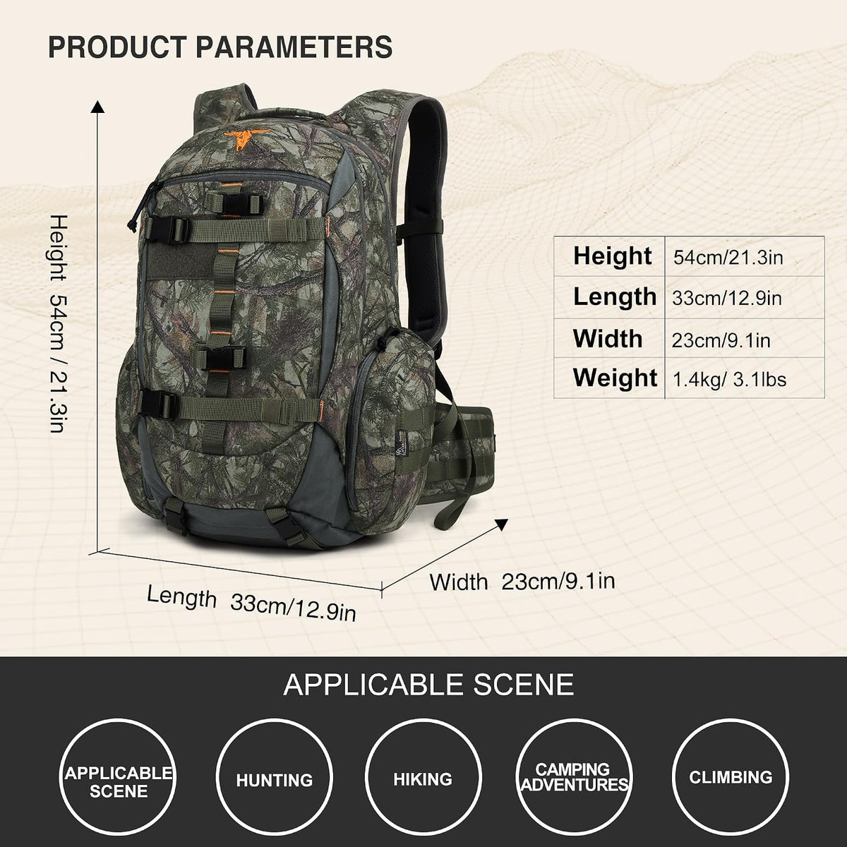 40L Camo Hunting Backpack for Bow Rifle Gun，Large Capacity Tactical Hunting Day Pack with Rain Cover for Hunting