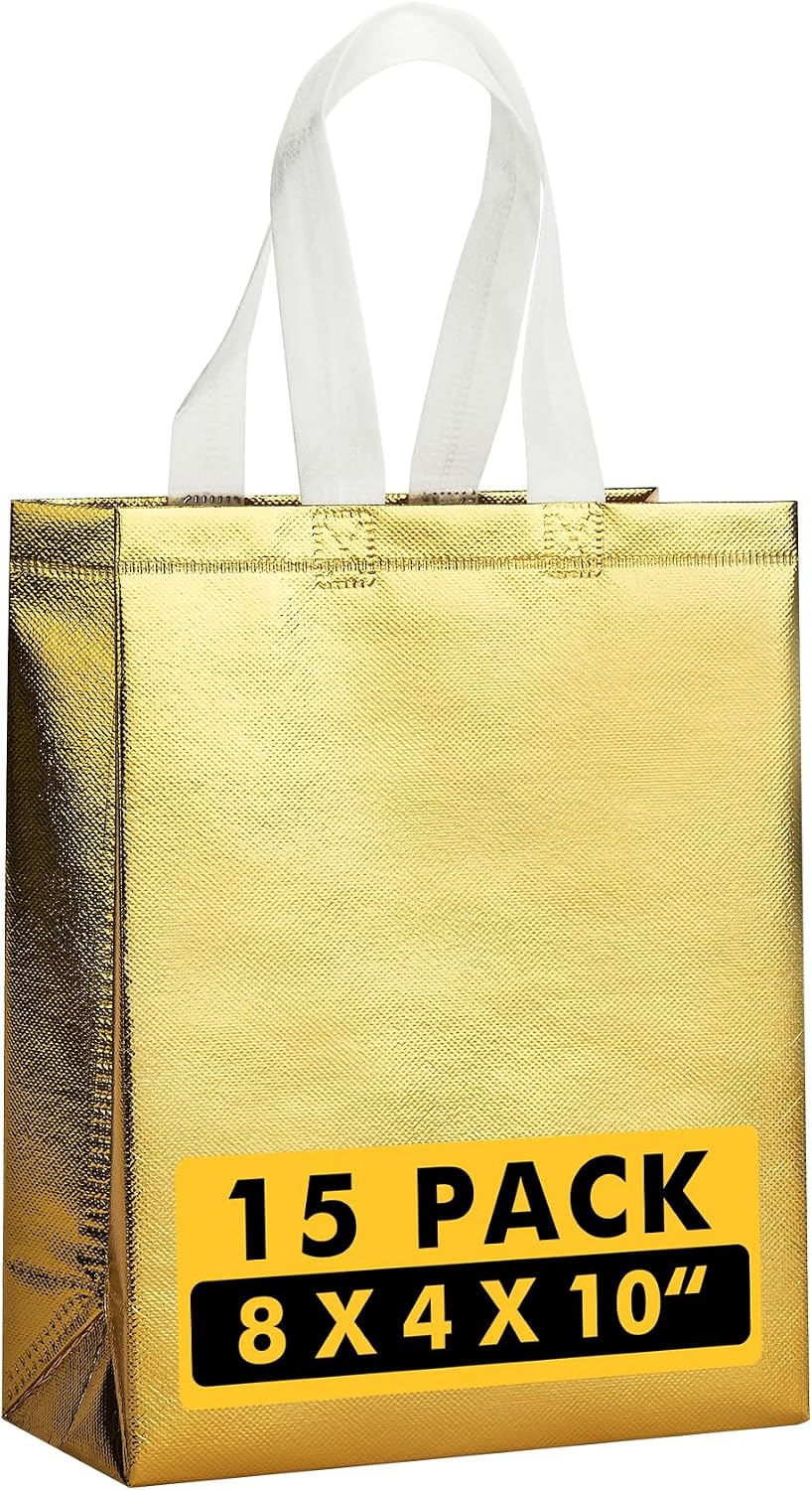 Reusable Gold Gift Bags Medium Size 15 Pack with Handles for Party