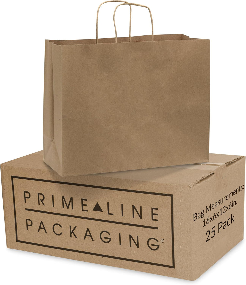 Large Kraft Bags with Handles, 16x6x12 Inch, 25 Pack