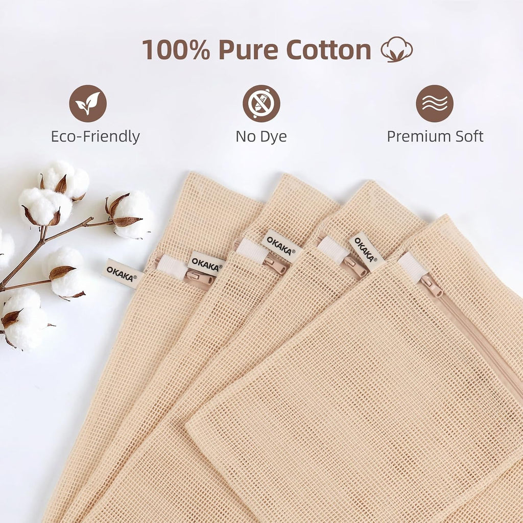 100% Cotton Mesh Laundry Bags, Premium Soft, No Dye, Set of 4, Natural