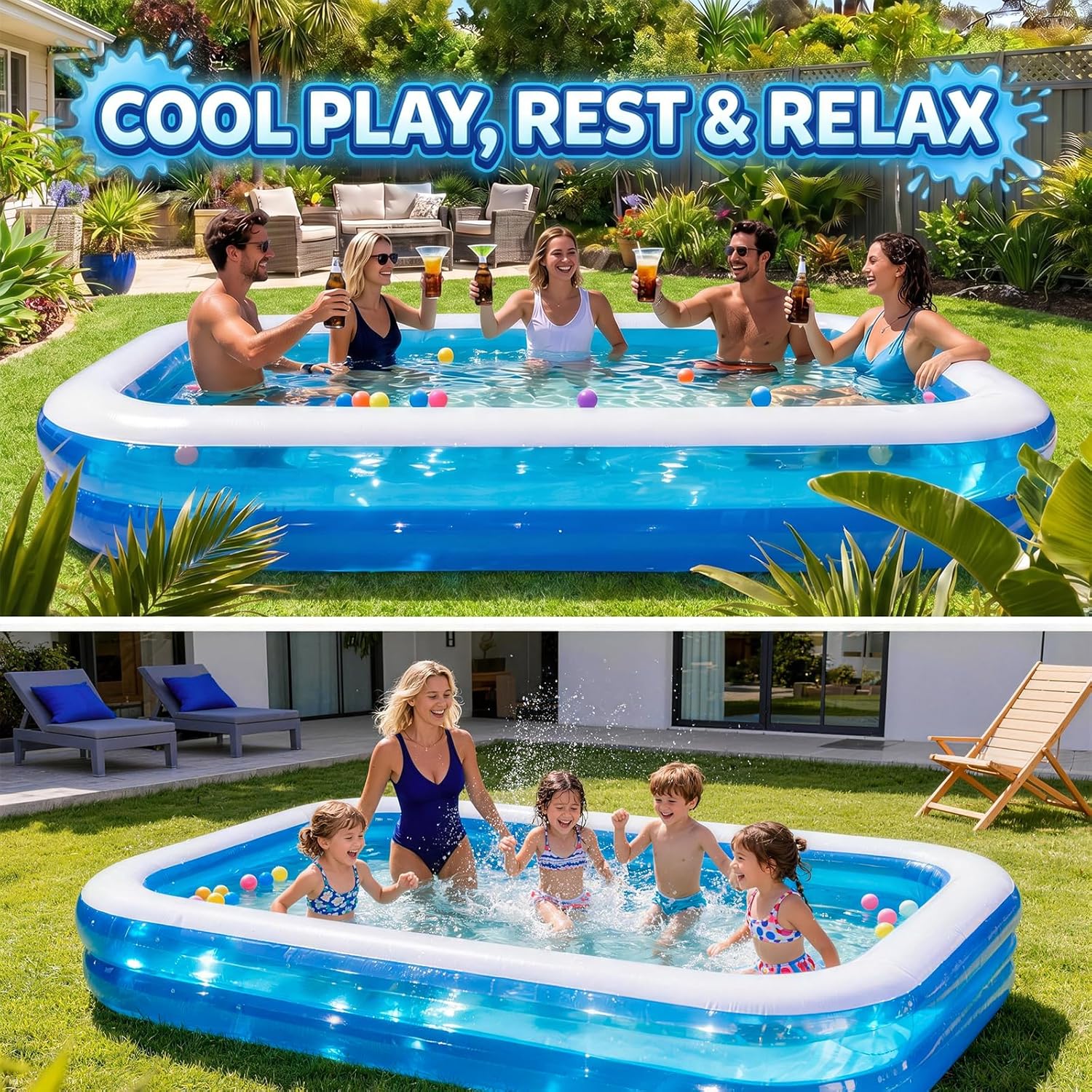 Full-Sized Inflatable Swimming Pool, Extra Large Blow Up Pool, Heavy Duty Above Ground Pool with Drain Valve