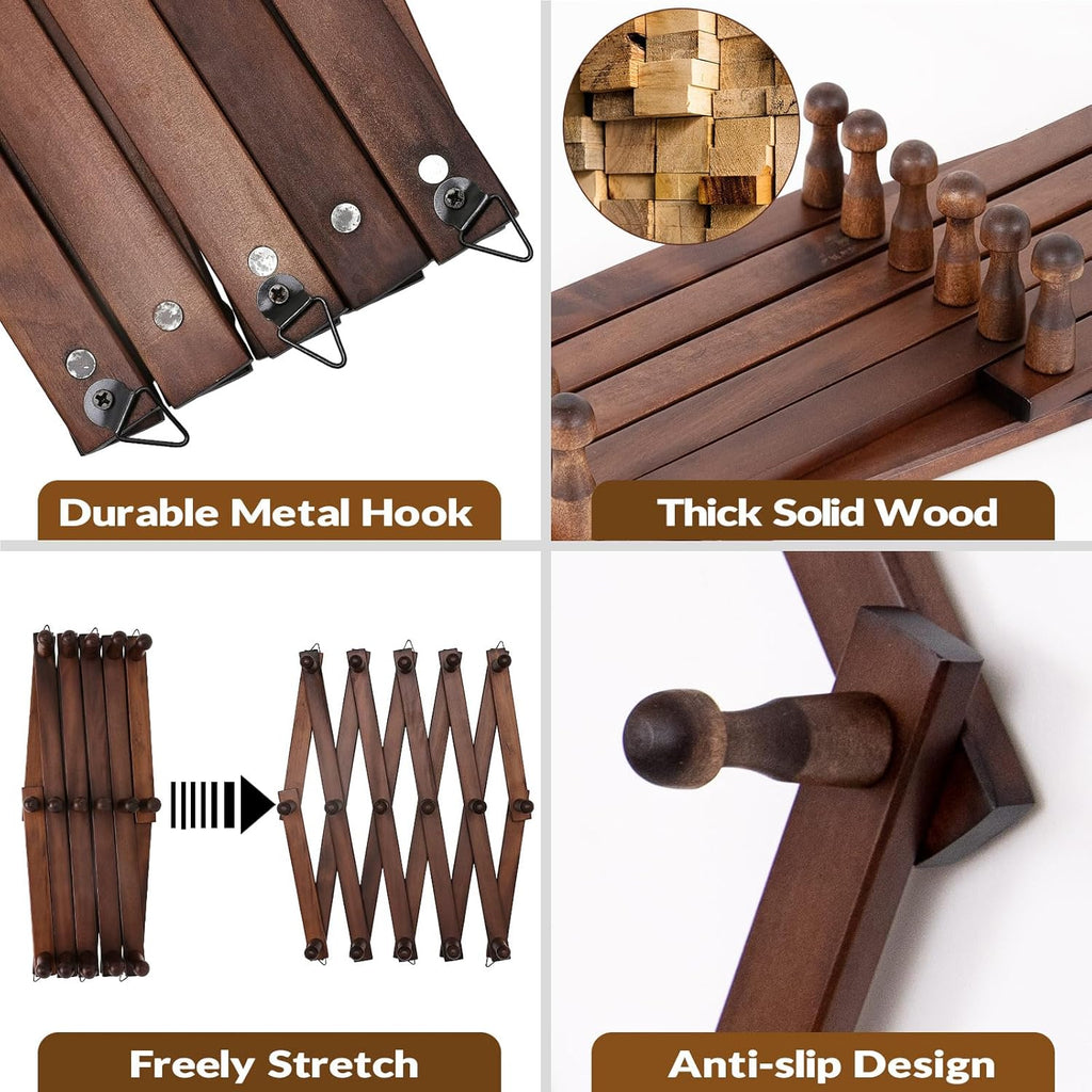 Hat Rack for Wall, Expandable Wall Hat Holder with 16 Hooks, 16 inch Wooden Wall Hook for Baseball Caps,Cowboy