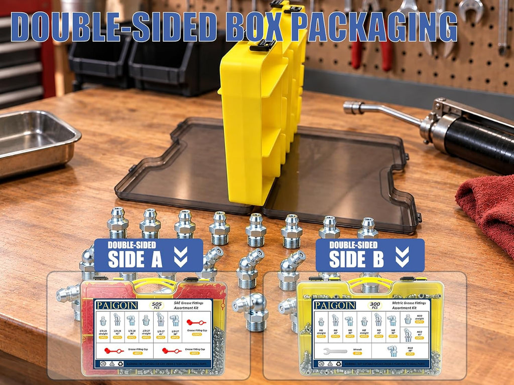 800PCS Grease Fittings Kit, SAE & Metric with Caps and Wrench Kit