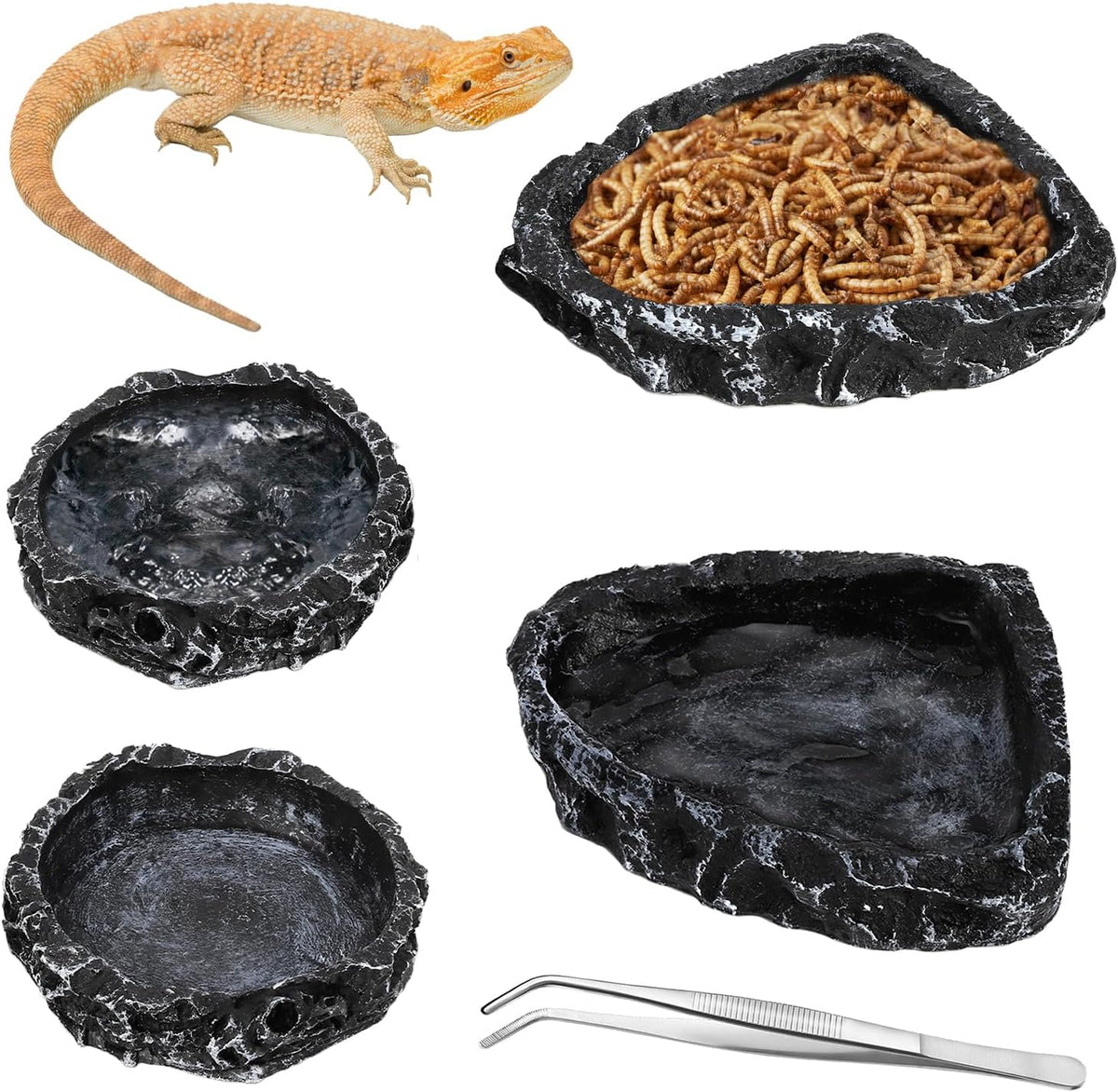 4 Pack Reptile Food Dish with Feeding Tongs, Resin Reptile Water Dish Food Bowl Feeding Terrarium Bowl for Leopard