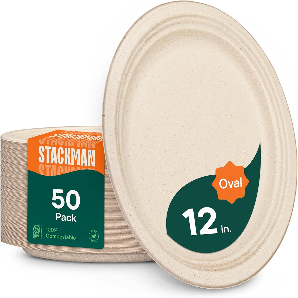 100% Compostable Oval Paper Plates [12.5 inch - 50-Pack] Elegant Disposable Dinner Platter Heavy-Duty Quality
