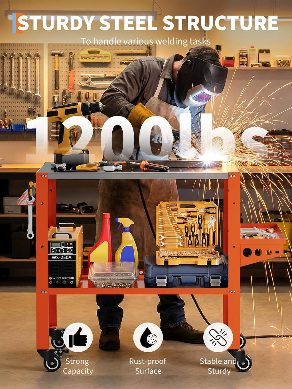36" x 18" Welding Table, 1200 Lbs Capacity Welding Workbench Table Top with Lockable Wheels,Tool Rack & Tray, 4 Tool