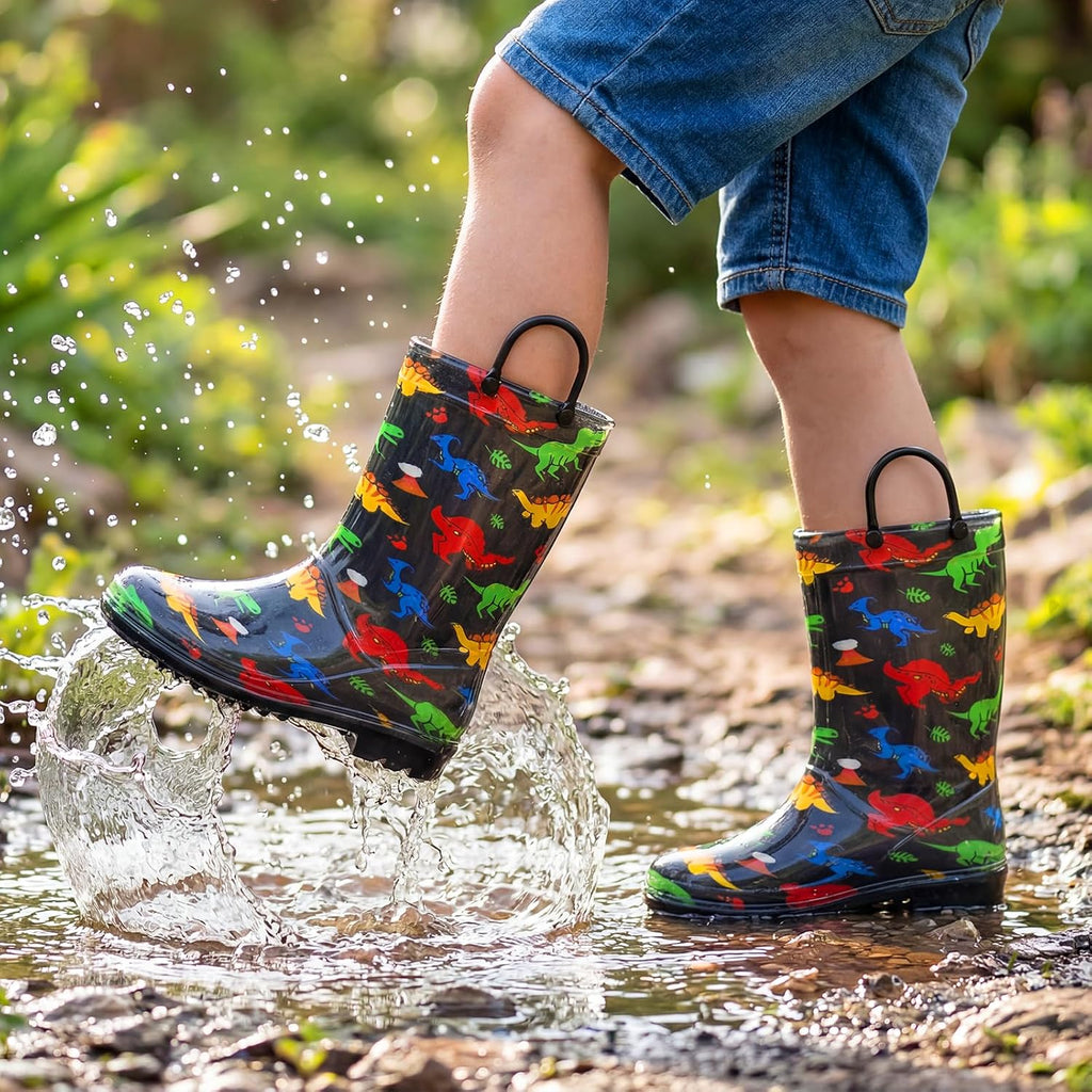 Kids Rain Boots for Boys Rain Boots Dinosaur Shark Rainboots Toddler Boy Waterproof Lightweight Easy-On Handles Outdoor