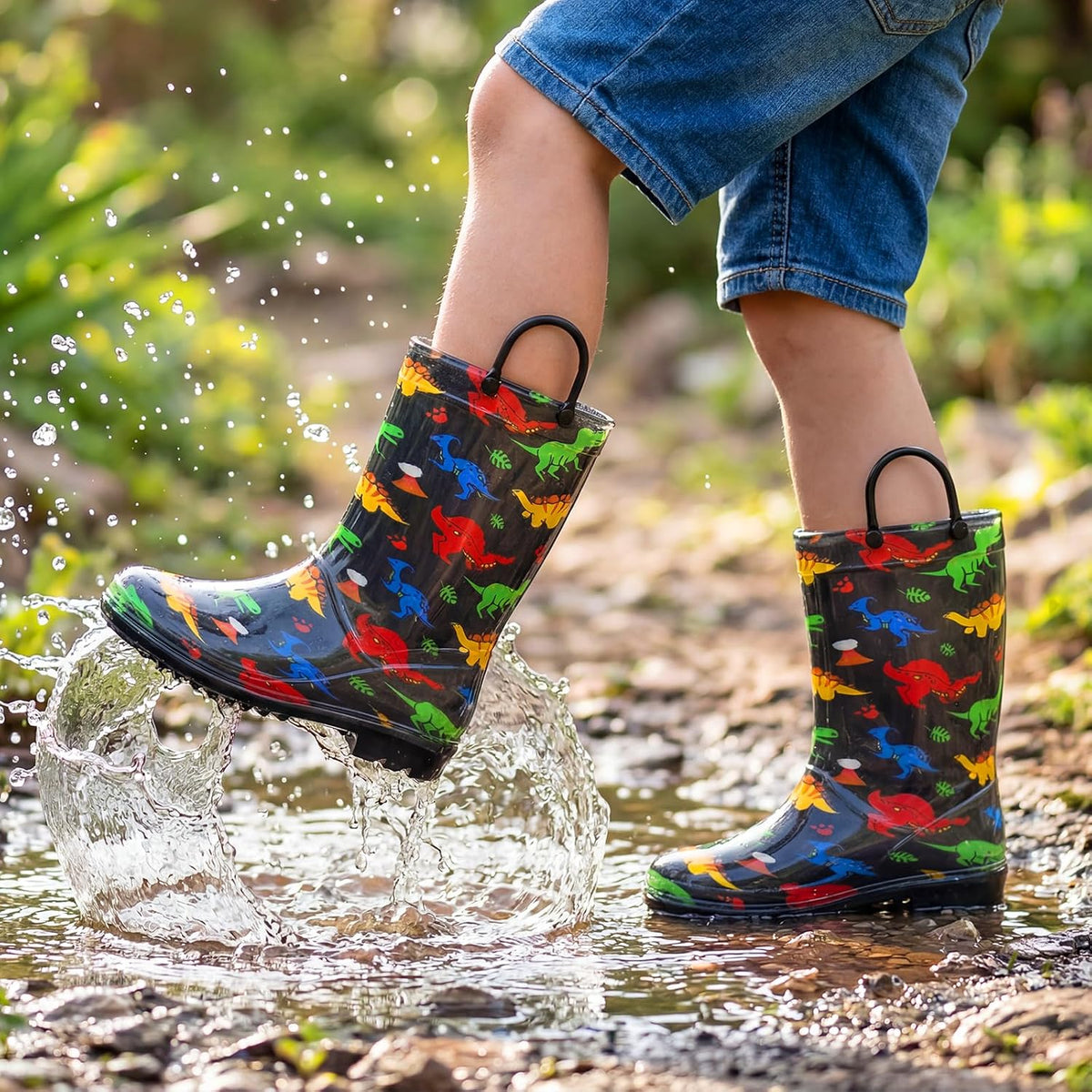 Kids Rain Boots for Boys Rain Boots Dinosaur Shark Rainboots Toddler Boy Waterproof Lightweight Easy-On Handles Outdoor