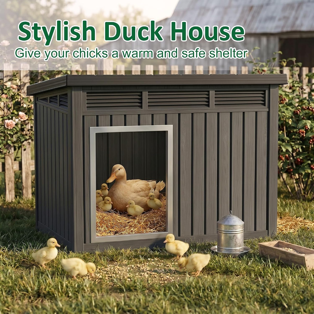Duck Coop with Hydraulic Air Rod, Resin Duck House, Black