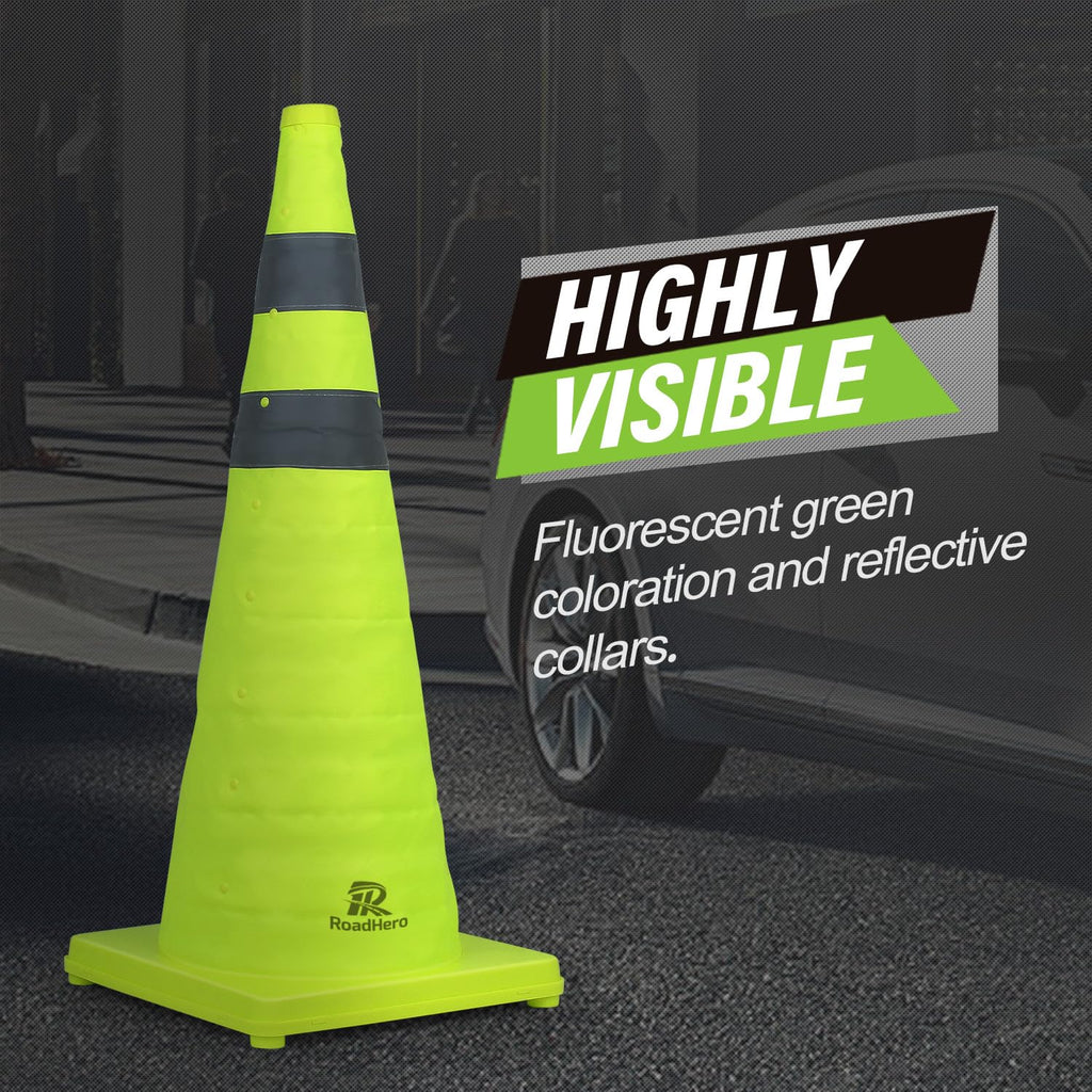 28 Inch 4 Pack Collapsible Traffic Safety Cones with Bag, Green | Pop-up Design, Reflective Collar, Road Safety