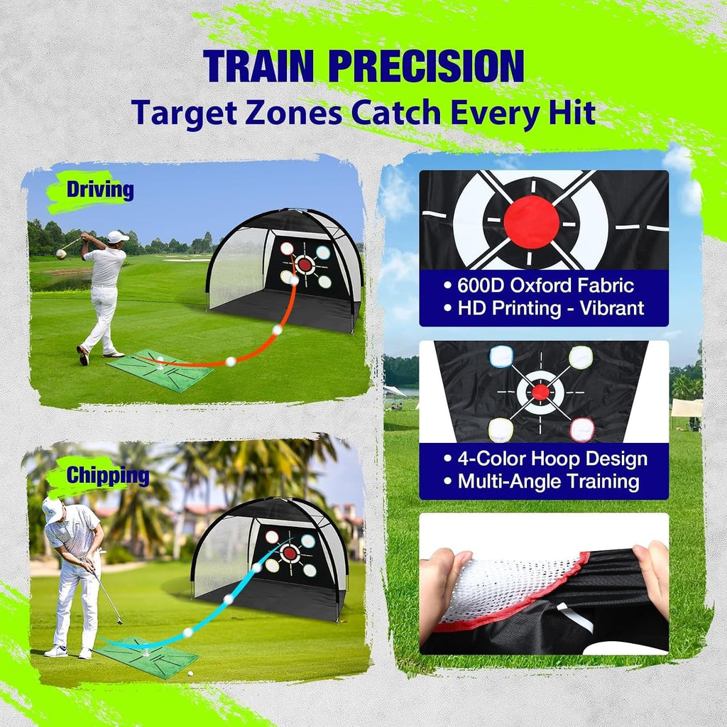 Golf Net, Pro-Grade 10x7 FT Practice Net Kit with 2-in-1 Replaceable Non-Slip Turf Mat, Golf Driving Nets for