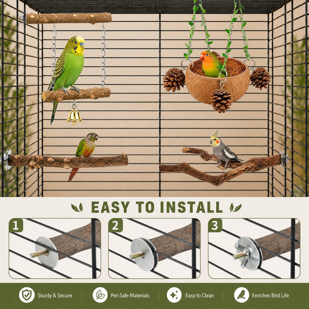 Bird Perch Bird Cage Accessories Parrot Toys Natural Wood 6Pcs Set for Parakeet Cockatiel Conure Lovebird Small