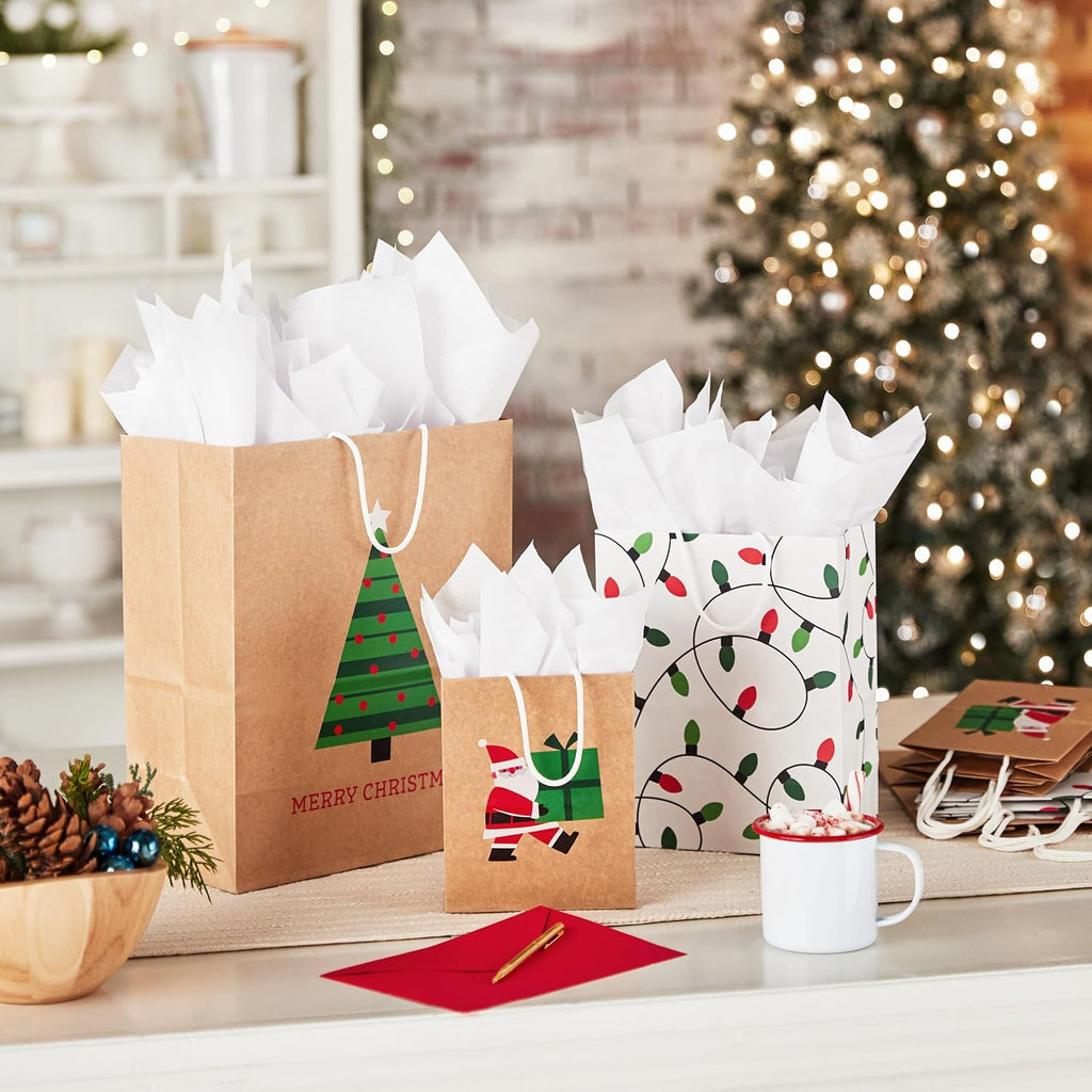Christmas Gift Bags, Assorted 8-Pack (Kraft, Santa, Lights, Tree)