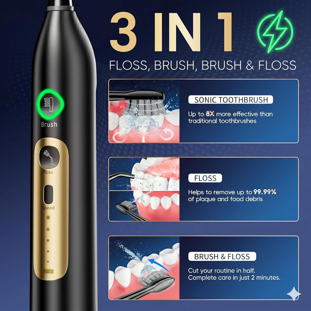 Electric Toothbrush with Water Flosser Combo, 3-in-1 Flossing Toothbrush, Cordless & Rechargeable for Travel, Braces