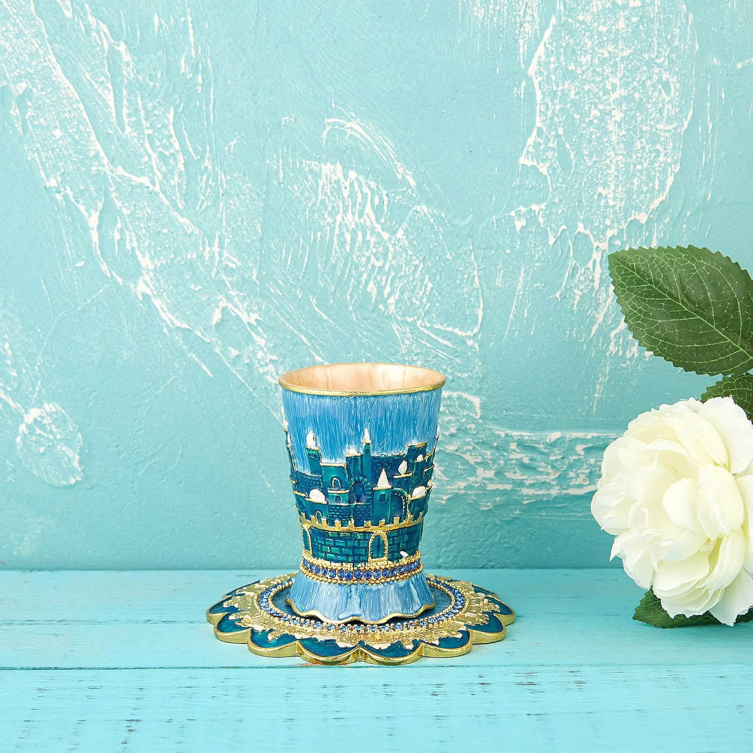 Hand-Painted Enamel 3.3'' Tall Kiddush Cup Set with Tray