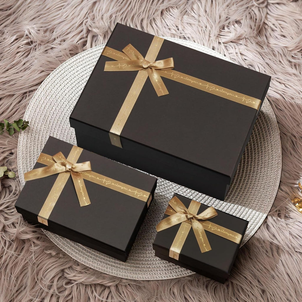 Black Gift Boxes with Gold Ribbons & Bows - (3 Sizes) Sturdy Gift Boxes with Lids for Presents - Elegant Gift