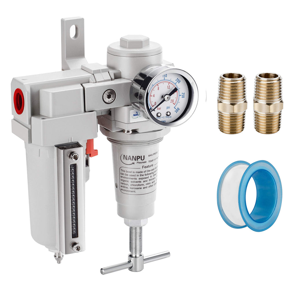 NANPU 1/2" NPT High Pressure Air Filter/Regulator Combo, T-Handle