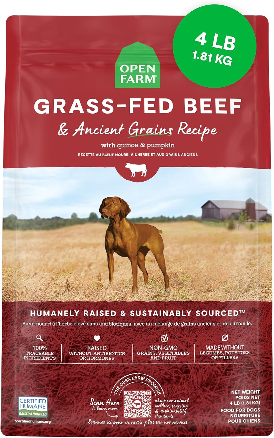 Ancient Grains Dry Dog Food, Grass-Fed Beef Kibble, 4lb Bag