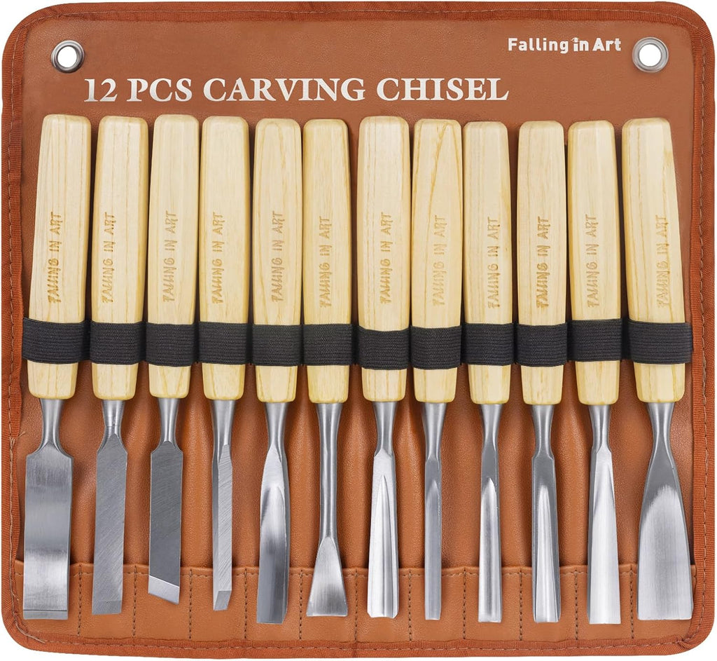 12 Pcs Wooden Carving Chisel Set with a Leather Pouch | Long Handle Woodworking Tools Set, Full Size Knife Gouge Kit