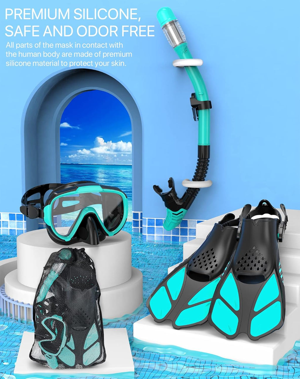 Snorkeling Gear for Adults Men Women,4 in 1 Snorkel Set with Panoramic View Diving Mask Anti-Fog Anti-Leak,Dry Top