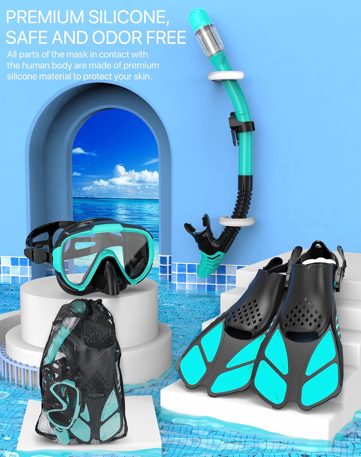 Snorkeling Gear for Adults Men Women,4 in 1 Snorkel Set with Panoramic View Diving Mask Anti-Fog Anti-Leak,Dry Top