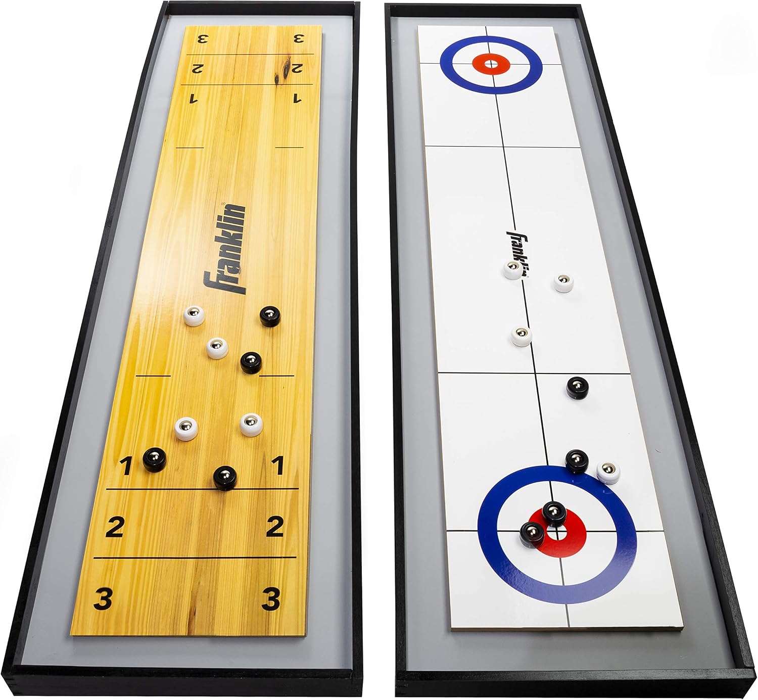2-in-1 Shuffleboard Table and Curling Set - Portable Tabletop Set Includes 8 Rolling Mini Pucks - 45" | Ready To Play