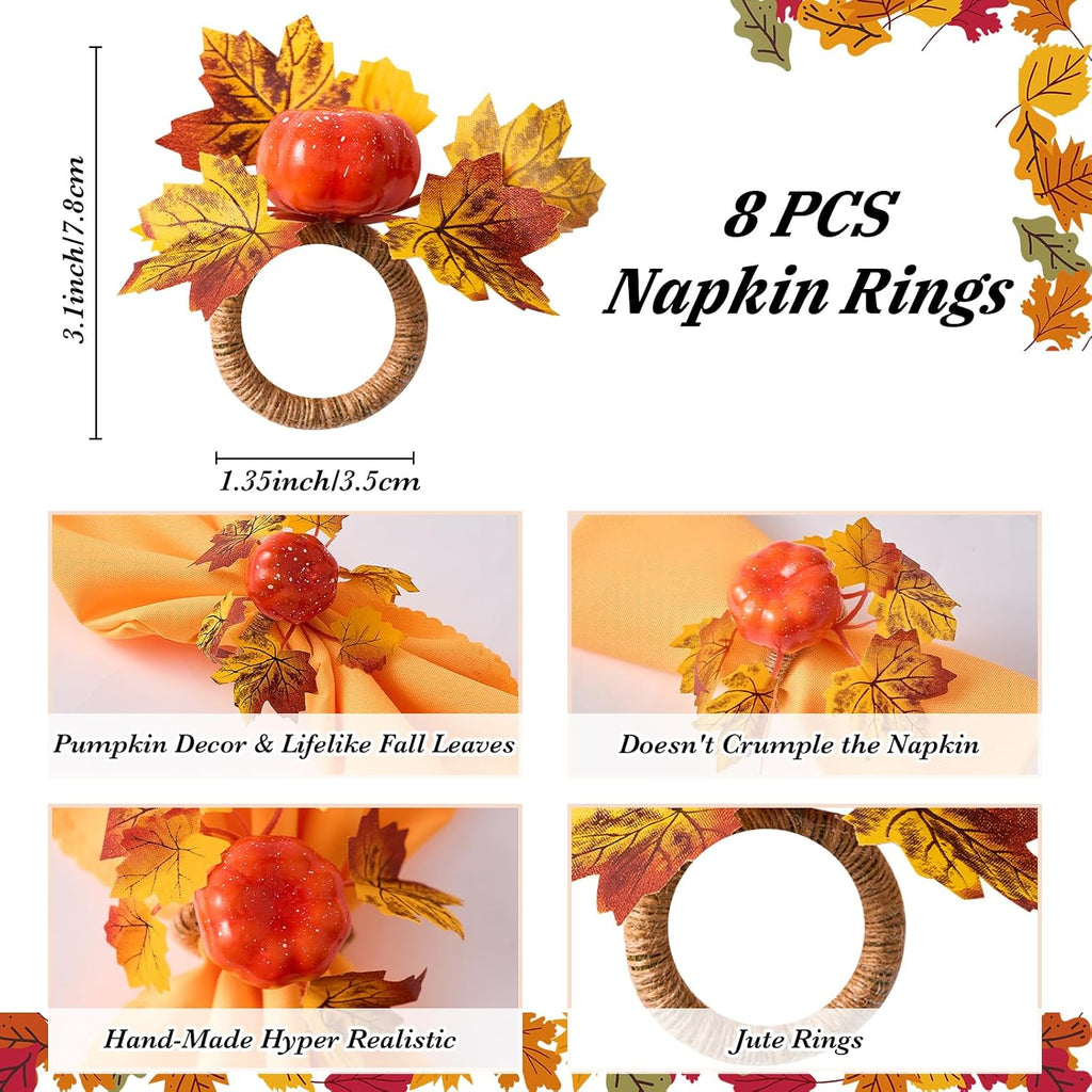 Fall Thanksgiving Decorations Set of 16, Fall Cloth Napkins & Napkin Rings | 8 Pcs Fall Thanksgiving Napkins Cloth &