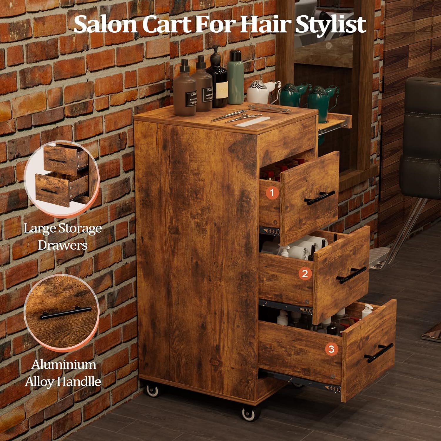 Salon Trolley Cart with Wheels, 3-Drawer Rolling Hair Styling Station, Mobile Beauty Trolley with Hot Tools Holder