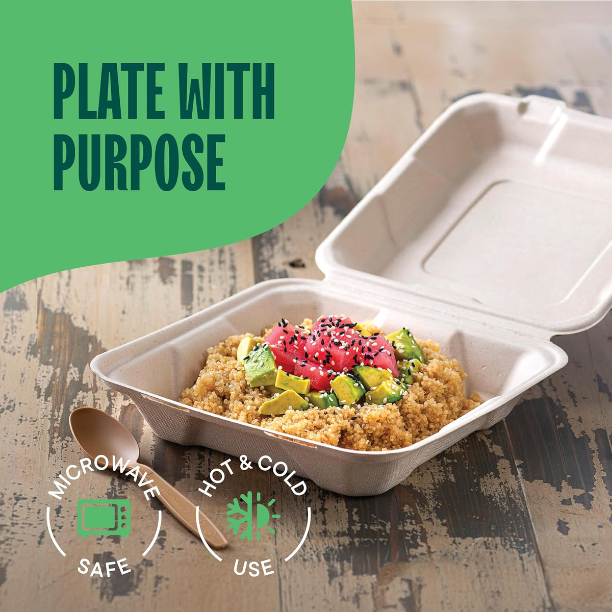 100% Compostable Clamshell Take Out Food Containers [8X8" 50-Pack] Heavy-Duty Quality to go Containers, Natural