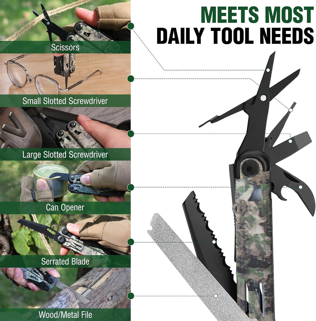 15-in-1 EDC Multitool Pliers with Sheath, Pocket Knife | Stainless Steel with Knife, Saw and Screwdrivers. Nylon