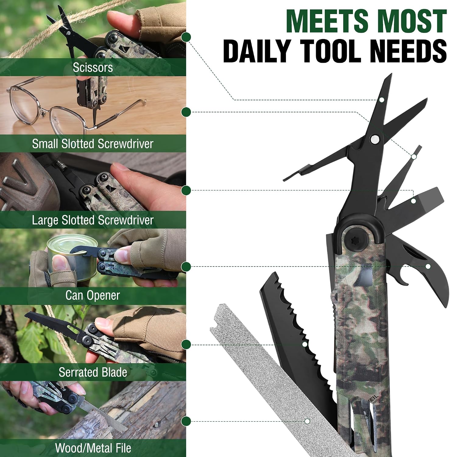 15-in-1 EDC Multitool Pliers with Sheath, Pocket Knife | Stainless Steel with Knife, Saw and Screwdrivers. Nylon