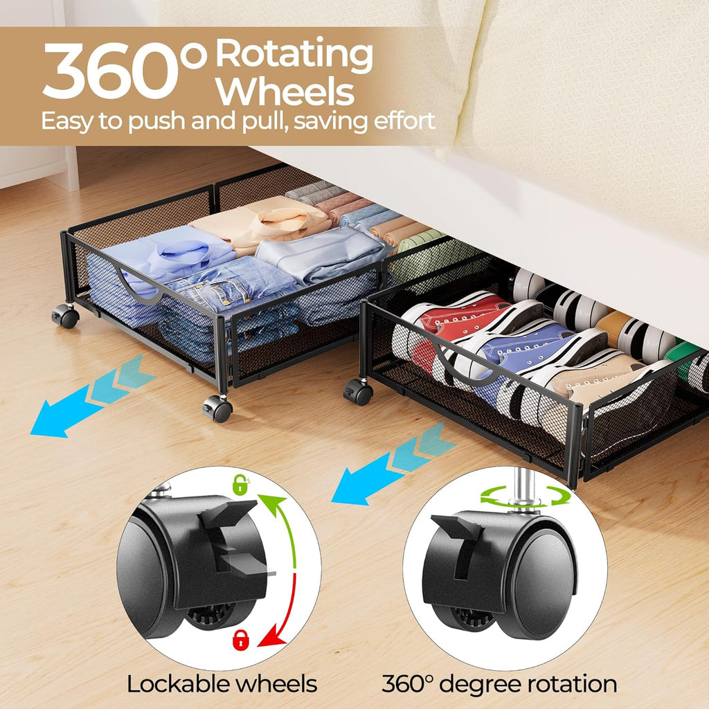 Under Bed Storage with Wheels, 4 Pack Under Bed Shoe Storage Organizer Drawer, Tool-free Assembly Metal Underbed