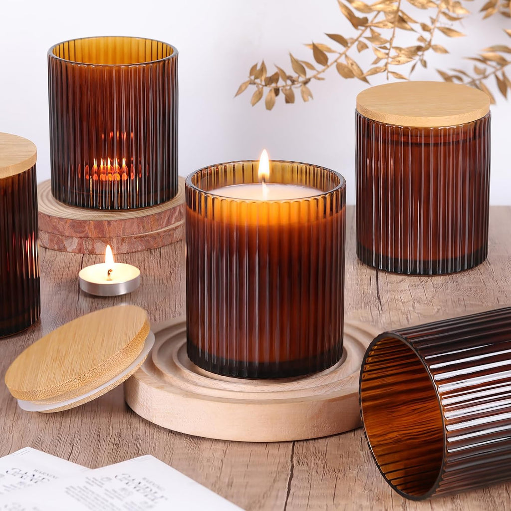 Amber Candle Jars with Lids, 8-Pack 12oz Ribbed Glass Candle Containers | Versatile decorative holder set, ideal for