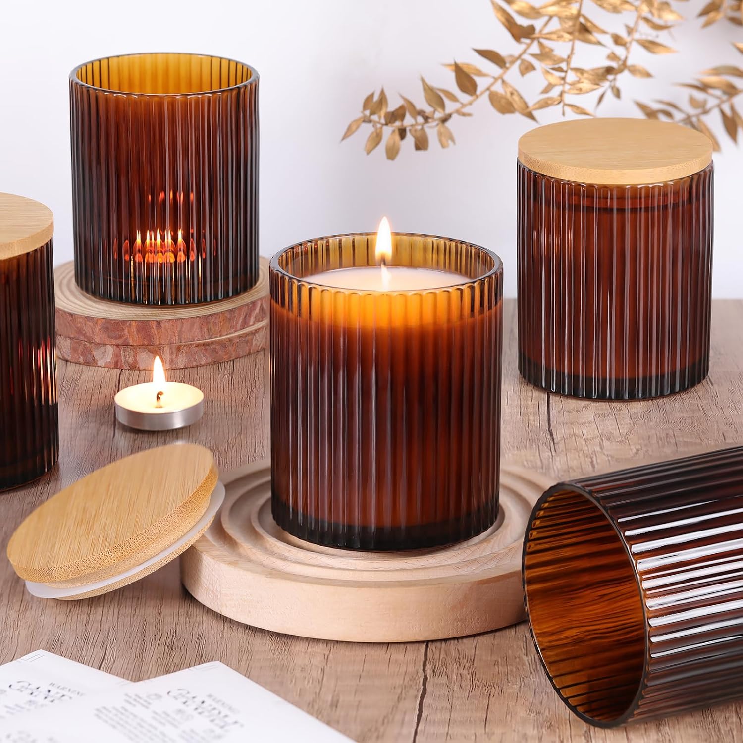 Amber Candle Jars with Lids, 8-Pack 12oz Ribbed Glass Candle Containers | Versatile decorative holder set, ideal for