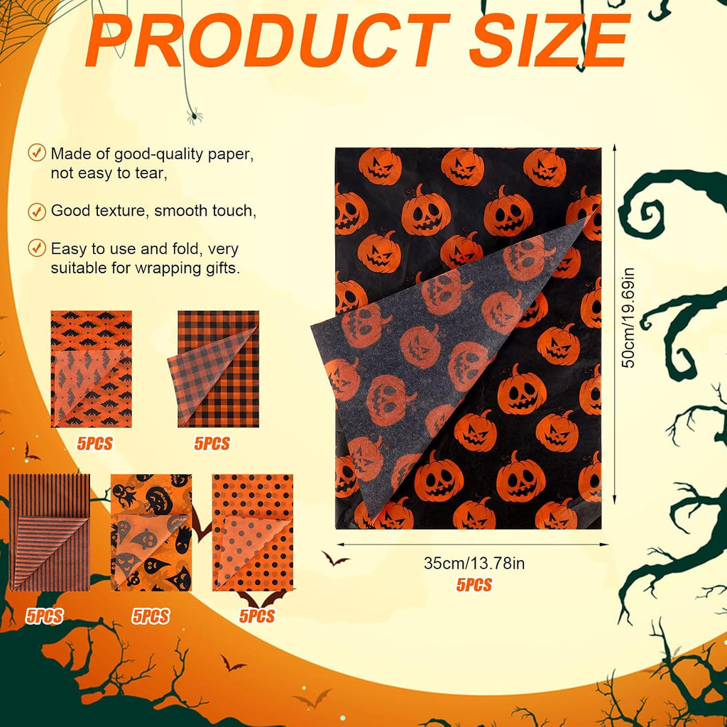 30 Sheets Halloween Tissue Paper, 14x20in Pumpkins Ghosts Gift Wrapping