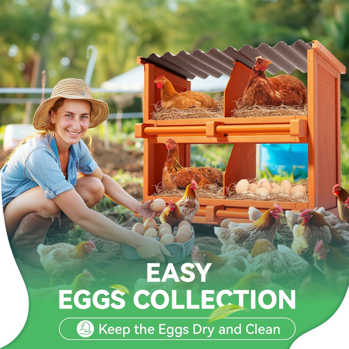4-Compartment Chicken Nesting Boxes, Spacious for Large Breeds, Premium Pine Wood & Weather-Resistant PVC Sloped