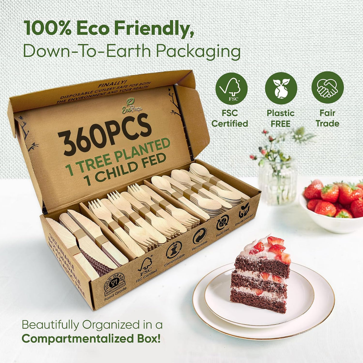 100% Compostable Wooden Cutlery Set, Disposable Utensils, 360 PCS