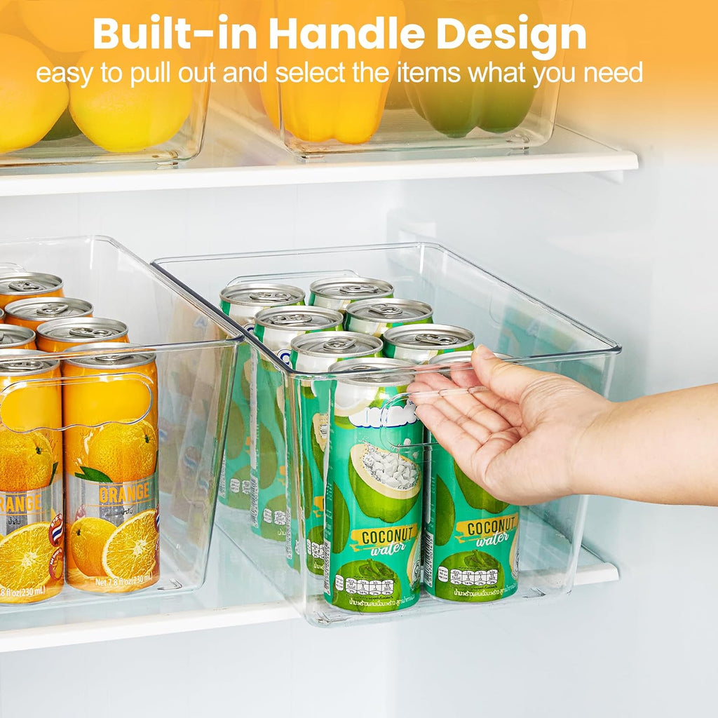 6 Pack Clear Pantry Organizer Bins, Plastic Containers with Handle for Kitchen,Freezer,Cabinet,Closet,Bathroom Under