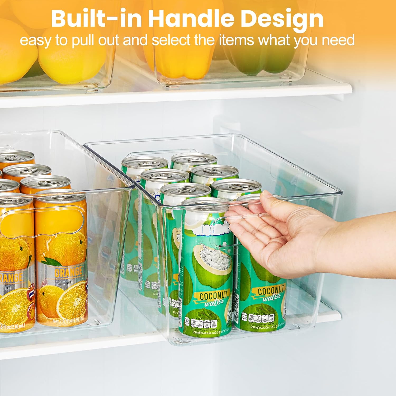 6 Pack Clear Pantry Organizer Bins, Plastic Containers with Handle for Kitchen,Freezer,Cabinet,Closet,Bathroom Under